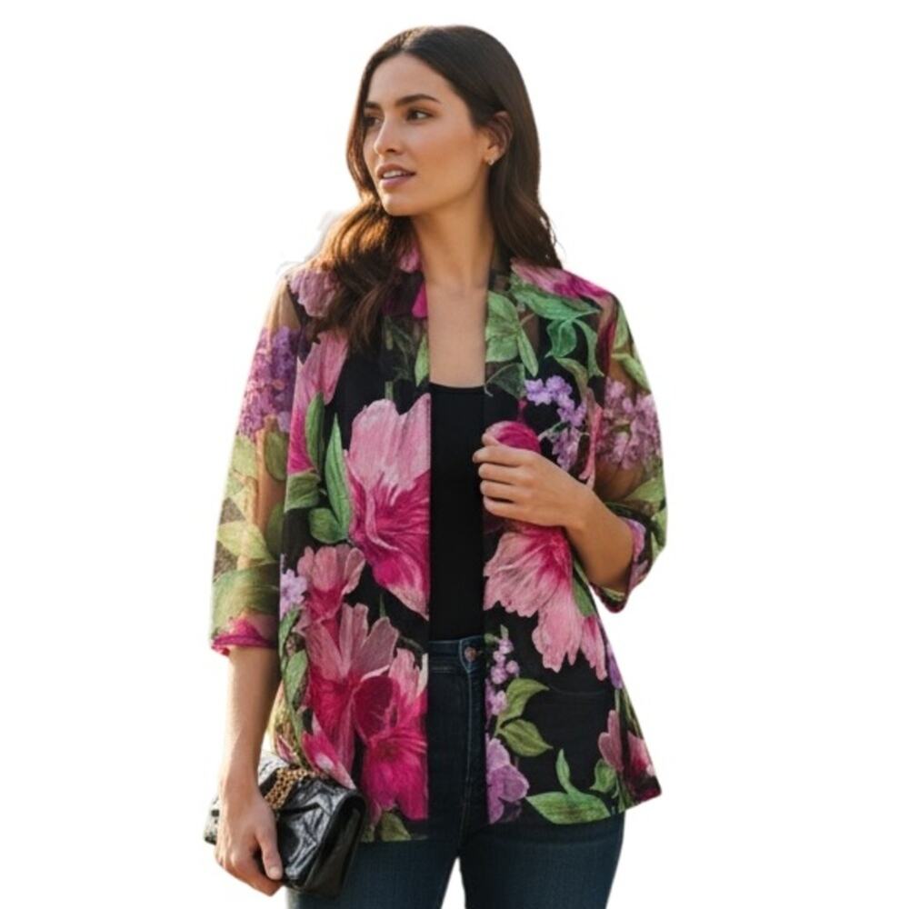 Caroline Rose $448 Embroidered Floral Swing Sheer Cardigan Size XS